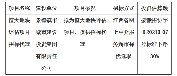 恒大地塊評(píng)估項(xiàng)目招標(biāo)代理計(jì)劃公告