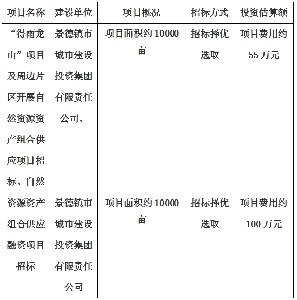 景德鎮(zhèn)市“得雨龍山”項目及周邊片區(qū)開展自然資源資產(chǎn)組合供應(yīng)項目、自然資源資產(chǎn)組合供應(yīng)融資項目招標(biāo)計劃公告