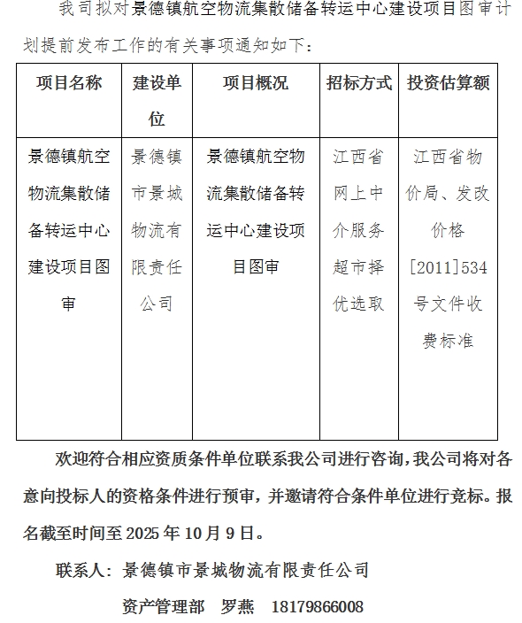 景德鎮(zhèn)航空物流集散儲(chǔ)備轉(zhuǎn)運(yùn)中心建設(shè)項(xiàng)目圖審計(jì)劃公告