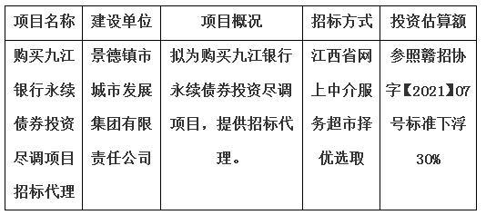 購買九江銀行永續(xù)債券投資盡調(diào)項目招標(biāo)代理計劃公告